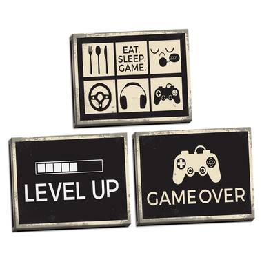 Game Over, Level up and Eat Sleep Game - 3 Piece Textual Art Set